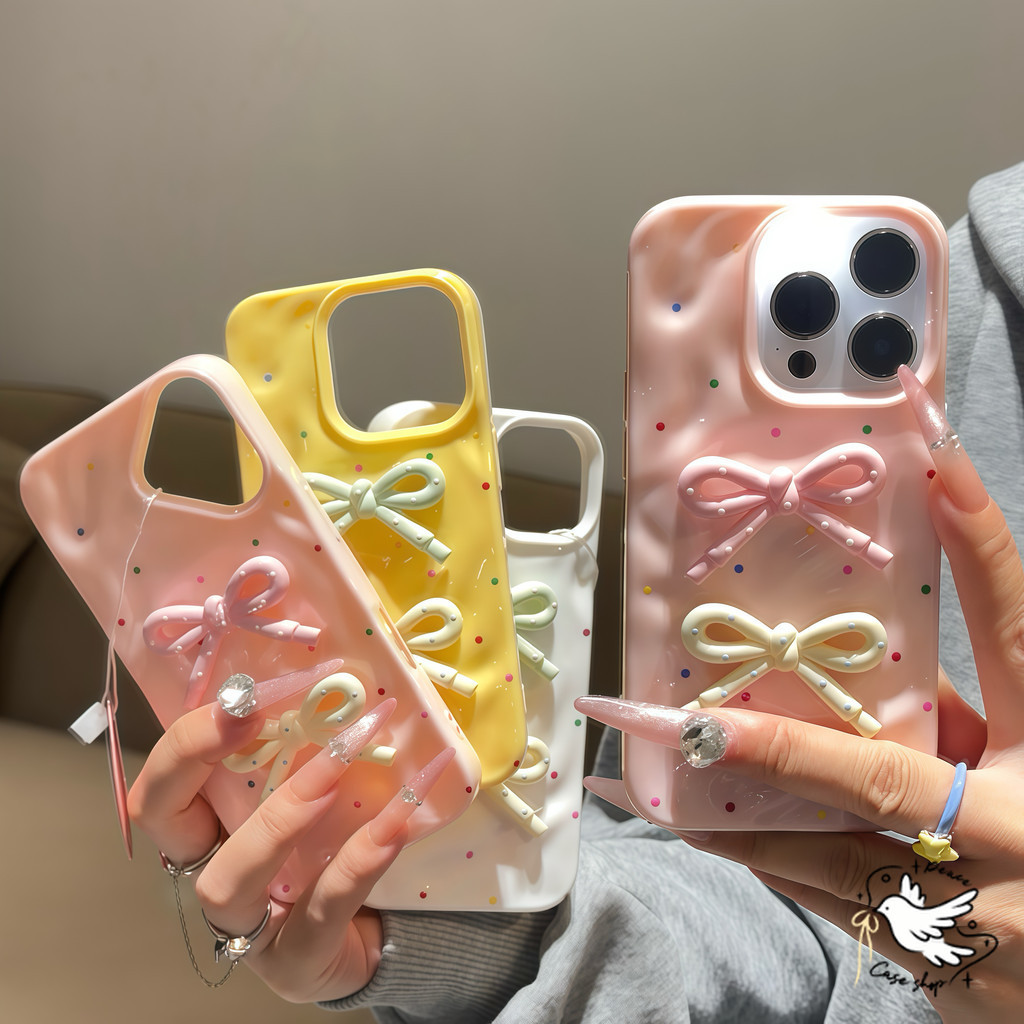 COD-ในไทย💥โบว์ผีเสื้อสามมิติ เคส For IPhone 17 16 15 14 13 12 11 Pro Max 6 Plus สีลูกกวาดคลื่นริ้วรอยเคสโทรศัพท์สําหรับ
