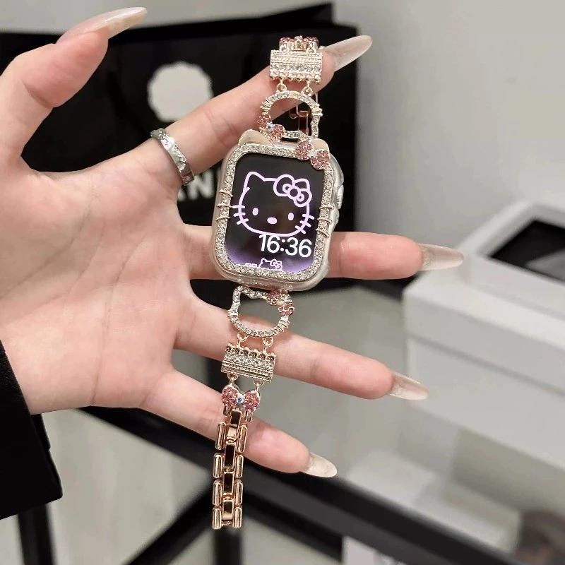 KT cat สายโลหะเพชรเงา + เคส hollow สําหรับ Apple Watch Ultra 2/S11/S10/S9/S8/S7/S6/S5/S4/S3/S2/SE iWatch 49/46/45/44/42/41/40/38 มม.