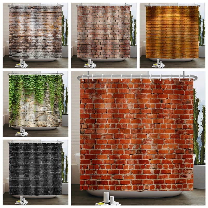 Vintage Red Brown Brick Shower Curtain Retro Stone Brick Rocks Waterproof Shower Curtain for Bathroo
