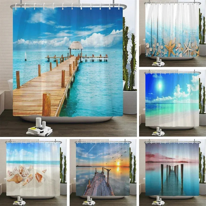 Seaside Scenery 3d Printed  Polyester Shower Curtain Wooden Bridge Nature Fabric Waterproof Bathroom