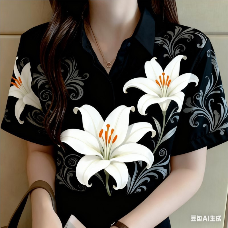 เสื้อแขนสั้นสไตล์โอเวอร์ไซズสำหรับผู้หญิง พิมพ์ลายดอกไม้และกราฟฟิตี้ สีดำ เหมาะสำหรับใส่ลำลอง ราคา ถูกที่สุด ดีลบีเคเค