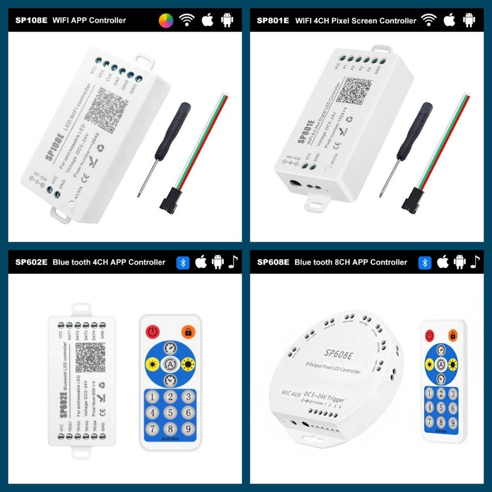 SP608E SP602E Controller DC 5V 12V 24V สมาร์ทบลูทูธเพลง Dimmer สําหรับ WS2812B WS2811 แอดเดรสพิกเซล 
