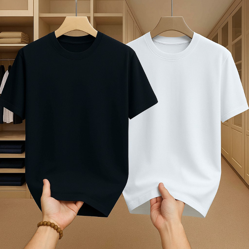 เสื้อยืดผู้ชายคอกลม แขนสั้น เสื้อคนอ้วน ยืดเปล่าๆ oversize เสื้อยืดแฟชั่น โอเวอร์ไซส์ทรงหลวม เนื้อผ้านุ่มเย็นสบาย สีดำ