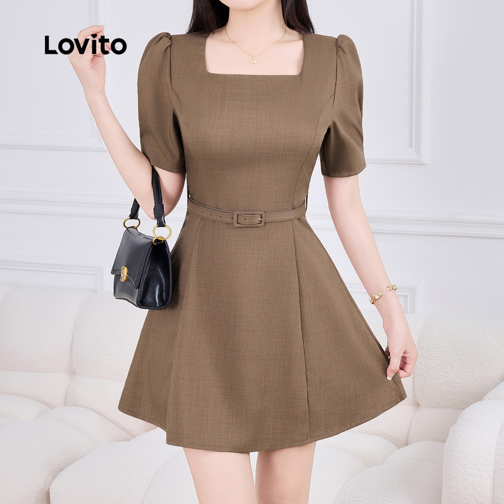 Lovito ชุดเรียบร้อยสไตล์หรูหราพร้อมเข็มขัด โครงสร้างจีบเส้นสาย สปริง/ซัมเมอร์ สีน้ำตาล L142ED262