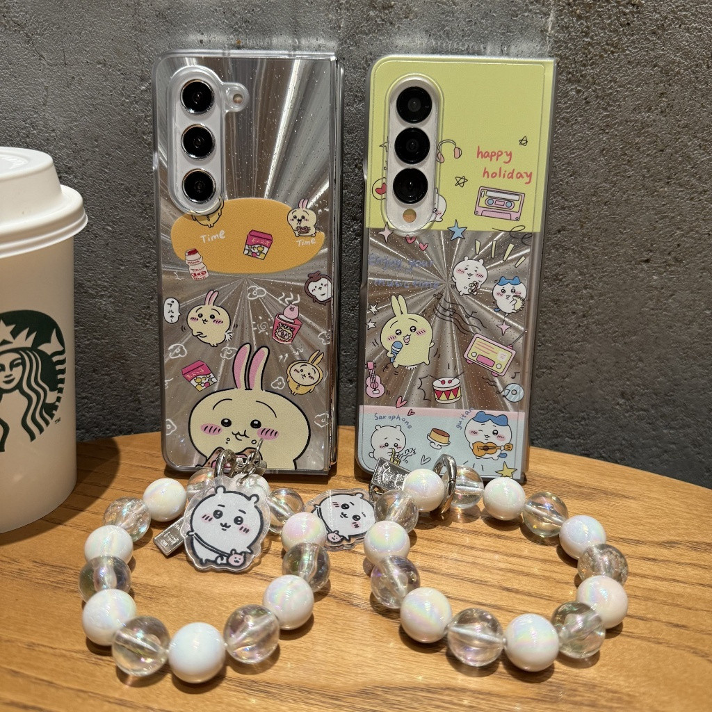การ์ตูน น่ารัก Sing Chiikawa เชือกแขวน เคส Samsung Galaxy Z Fold 7 6 5 4 3 Case PC ป้องกันการตก พลิก
