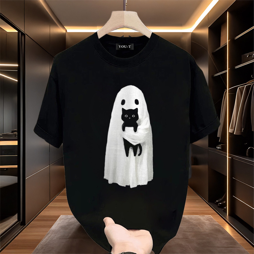 Basi💥เสื้อแฟชั่น เสื้อยืด oversize ผ้าฝ้าย100% แนวสตรีท ไม่ต้องรีดผ้า สวมใส่สบาย ผ้านิ่ม  ลาย  "Ghost cat"
