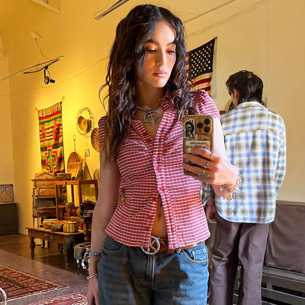 Lianlian Buwang Preppy สไตล์ลายพิมพ์ Cropped สั้นเสื้อสาวร้อน V คอปุ่มเสื้อสเวตเตอร์ถักสบายๆแขนสั้นเ