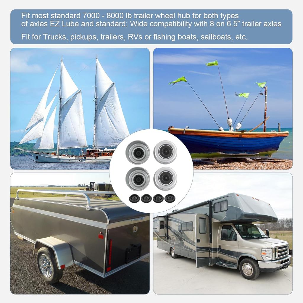 4pcs 2.72" Trailer Axle Wheel Hub and Bearing Dust Cap with Extra 4 Rubber Plugs for Most 7000-8000 