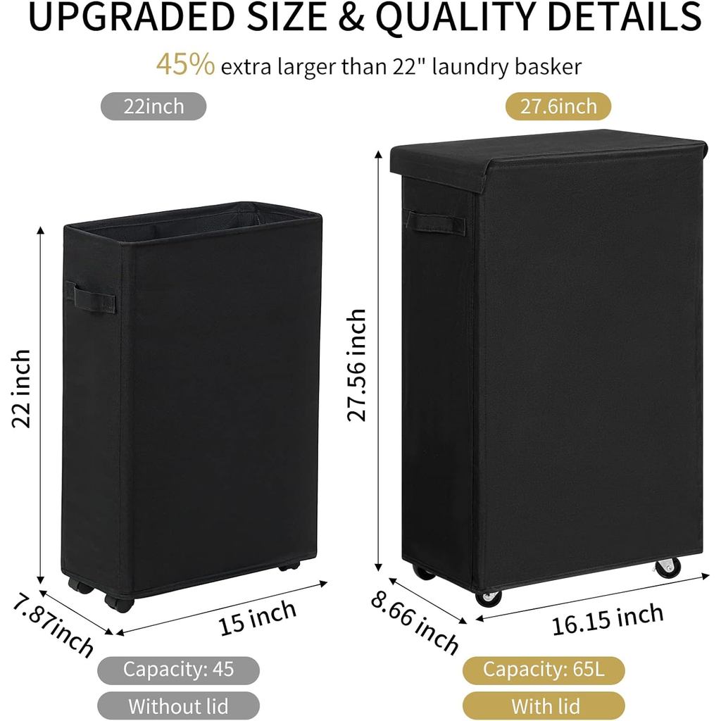 Chrislley 65L Slim Laundry Hamper with Lid Narrow Rolling Laundry Basket with Wheels Upgrade Foldabl