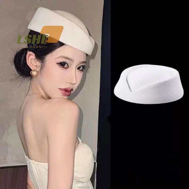 [LSHE] Beret Hat Caps Airline Stewardess Flight Attendist Vintage Hat สีดํา Flat Top Hat เครื่องประดับผมใหม่