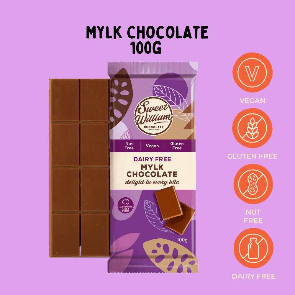 Sweet William Vegan Mylk Chocolate | สวีท วิลเลี่ยม วีแกน มิลค์ ช็อคโหลแก็ตวีแกน ปราศจากนม กลูเตน และถั่ว 100กรัม