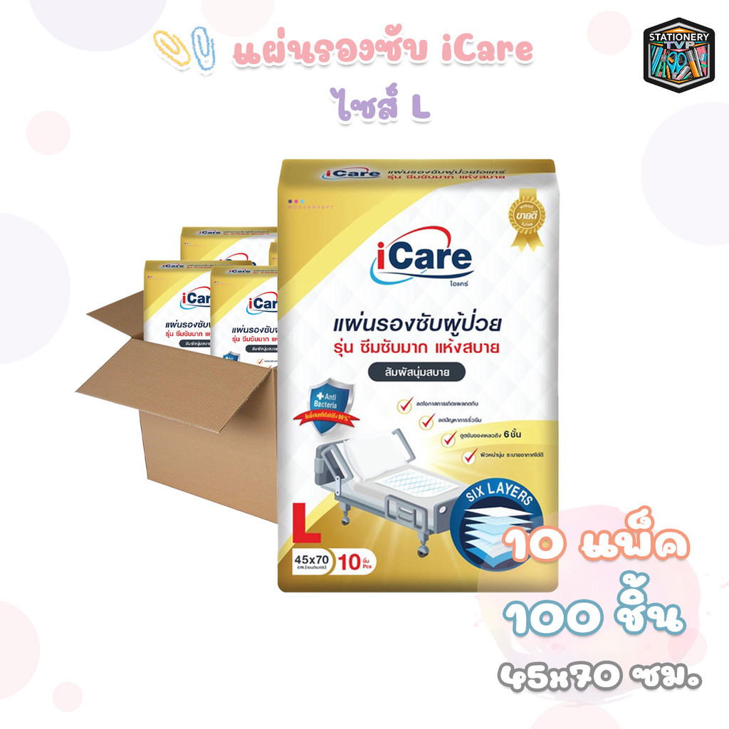 !! จำกัด 2ลัง / บิล !! iCare (ไอแคร์) แผ่นรองซับผู้ใหญ่ แผ่นรองซับ ไซส์ L ขนาด 45 x 70 cm. แพ็คเกจให