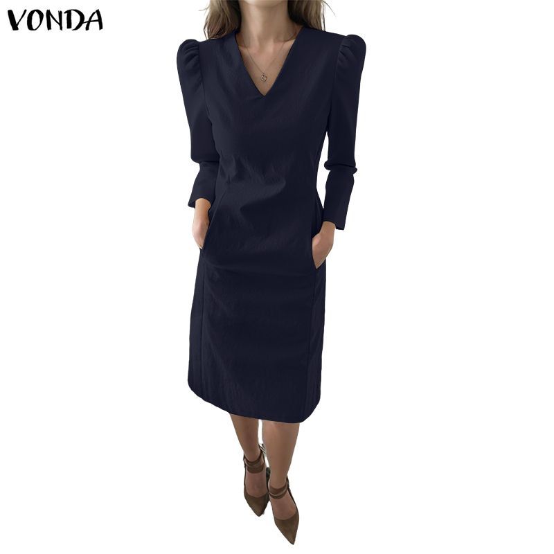 VONDA ชุดเดรสคอวีทรงเกาหลีสำหรับผู้หญิง