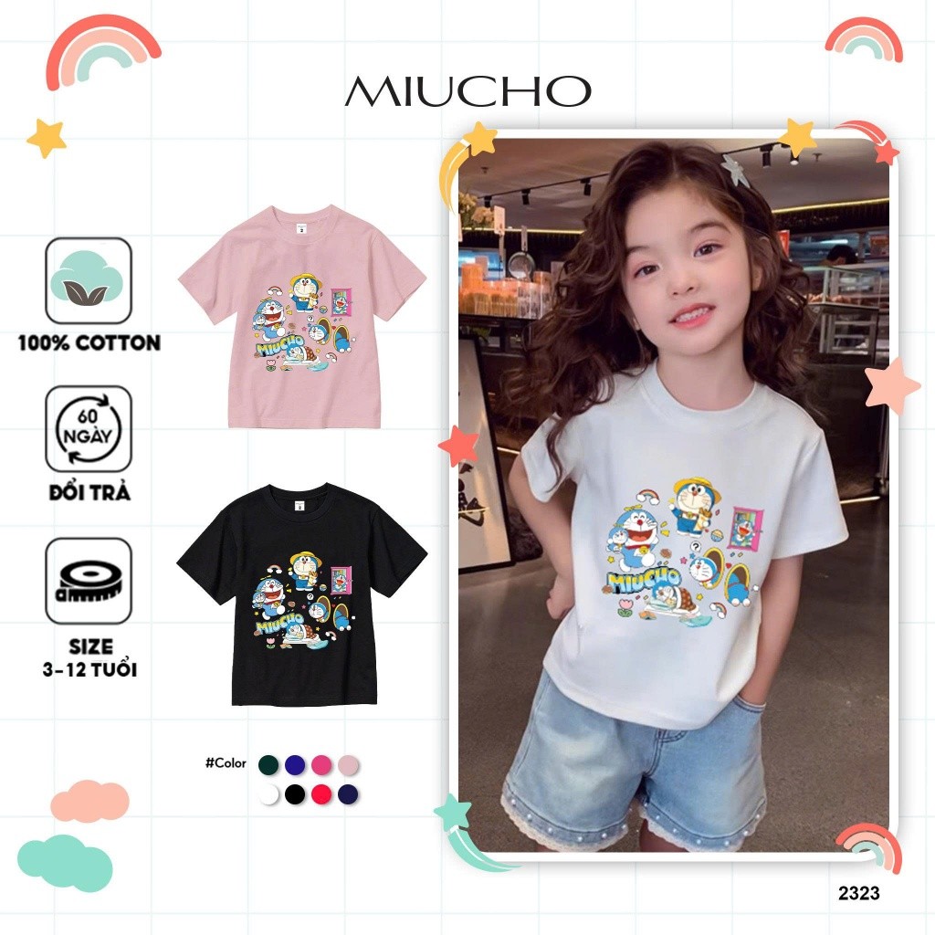 เสื้อยืด Doremon น่ารักทรงหลวมสําหรับเด็ก AED2323 Miucho Kid ผ้าคอตตอนเท่ๆ คอกลม พิมพ์ลายงานศิลปะ