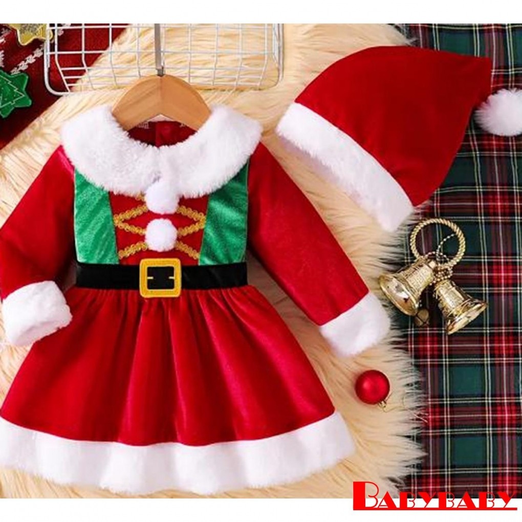 Bab-Baby Girl Christmas Fuzzy Trim Velvet Long Sleeve Romper Dress and Santa Hat