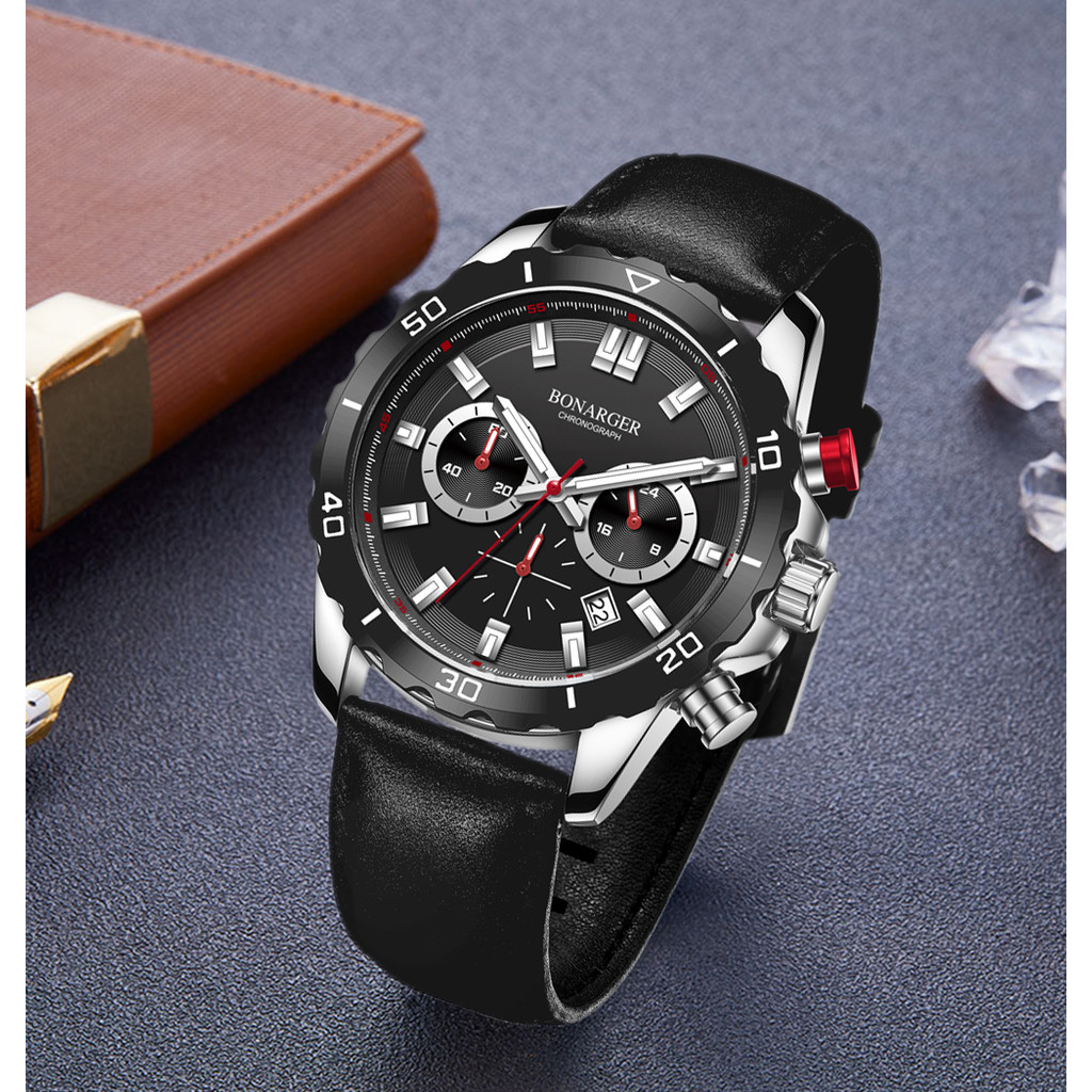 แบรนด์ใหม่สไตล์นาฬิกาผู้ชายหน้าปัดขนาดใหญ่กีฬาสายหนังแท้มัลติฟังก์ชั่ส่องสว่างกันน้ํานาฬิกาควอทซ์ผู้ชาย