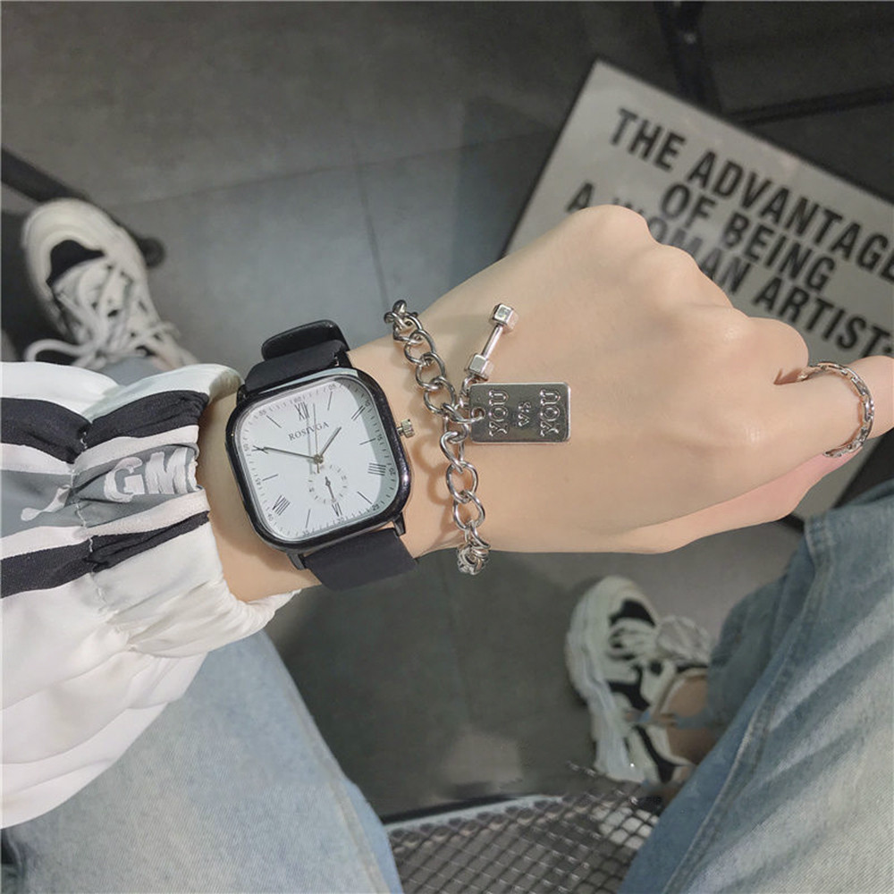 นาฬิกาข้อมือควอตซ์แฟชั่น หน้าปัดสี่เหลี่ยม สายหนัง PU สไตล์คลาสสิก เรียบง่าย สําหรับผู้ชายและผู้หญิง