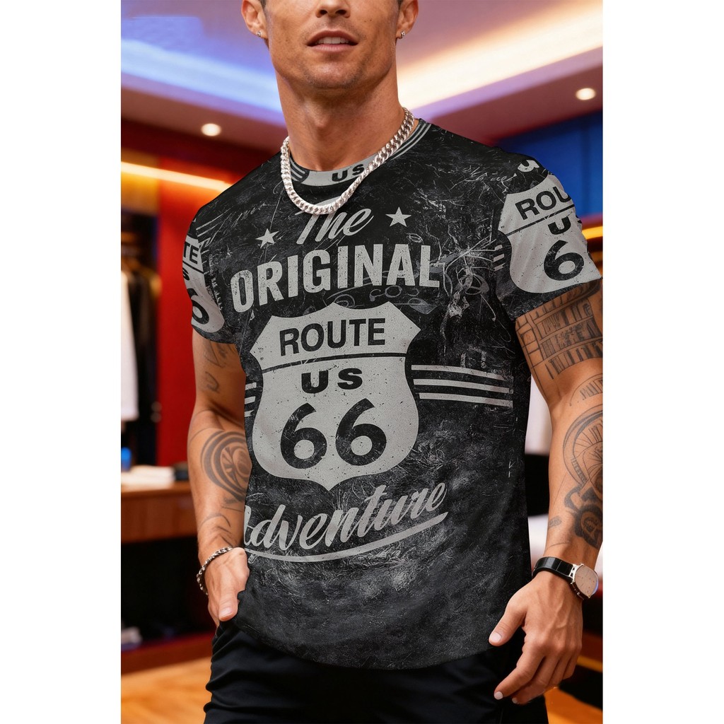 เสื้อยืดผู้ชายดีไซน์คลาสสิก แบบVintage Route 66 พร้อมหมายเลข 66