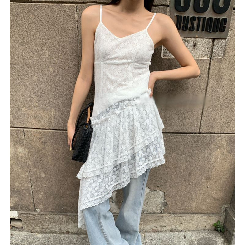 Milyfashion ชุดเดรสสลิงหวานสไตล์ใหม่ Lace Niche กระโปรงสีขาวไม่สม่ําเสมอ