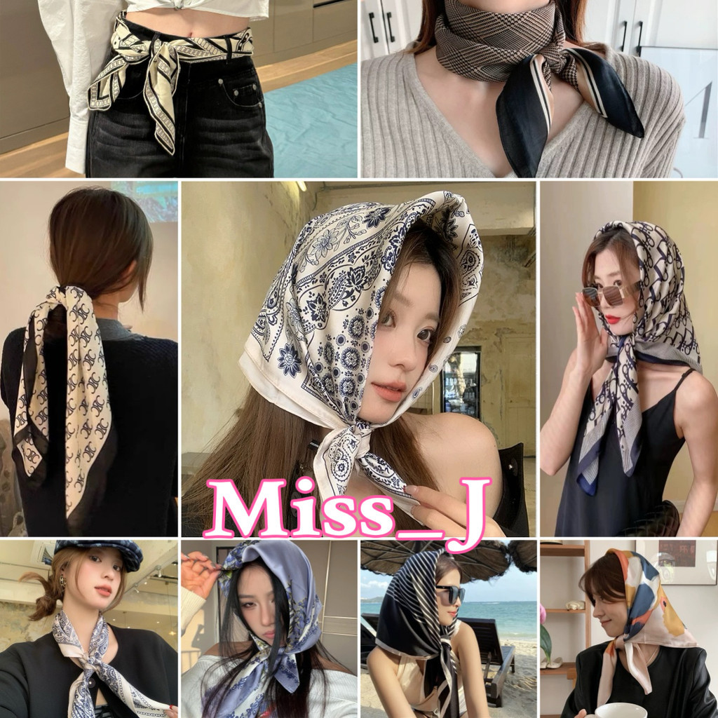 Miss_J พร้อมส่งจากกทม 【70×70 cm】ผ้าพันคอลายดอกแบบเกาหลี Korean scarfves สวมใส่ได้หลายแบบ เอนกประสงค์