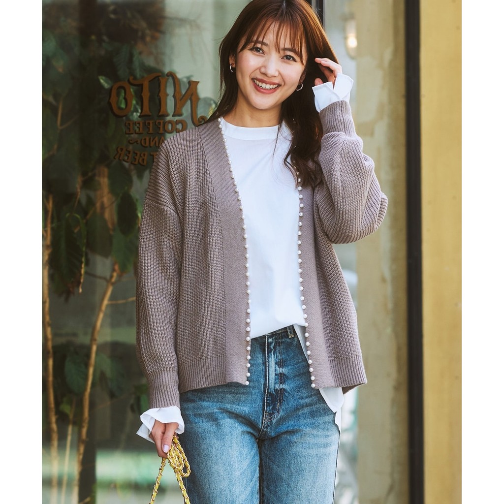 [จัดส่งจากประเทศญี่ปุ่น] Nissen_  เสื้อคาร์ดิแกนถัก คอวี ประดับมุกพรีเมียม สไตล์ญี่ปุ่น หรูหรา ดูแพง ไม่ต้องหาเครื่องประดับ เสื้อคลุมใส่สบาย แมทช์ง่าย ทรงหลวม เสริมลุคสดใส ไซส์ใหญ่ ล
