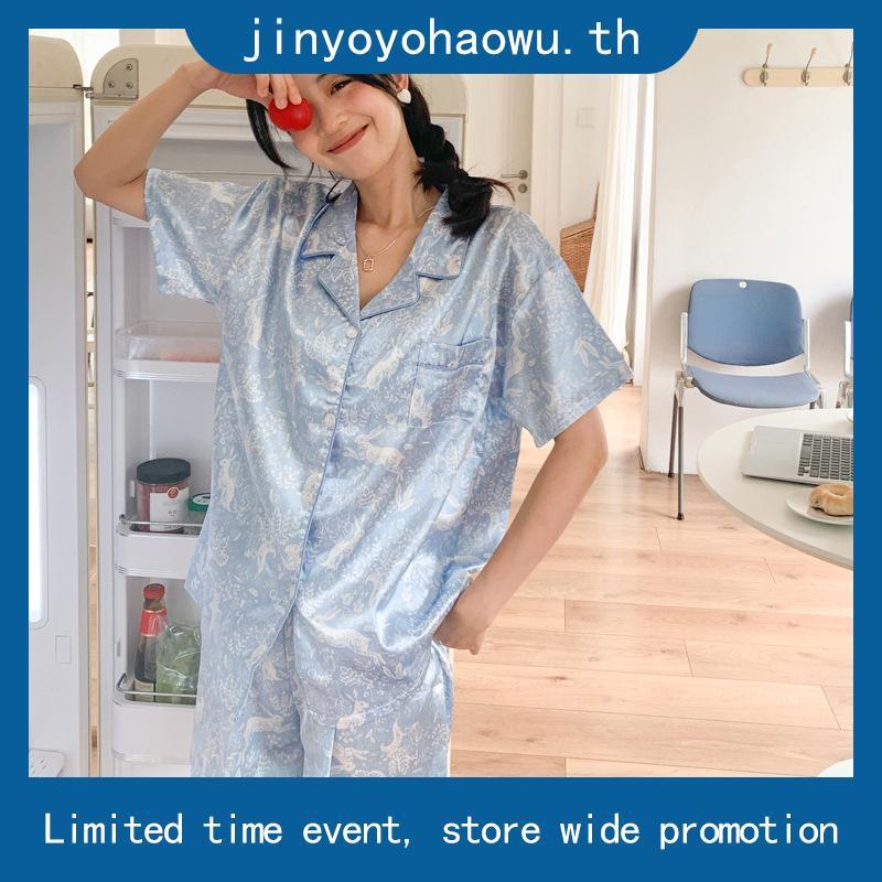 ชุดนอน ชุดนอนผ้าไหมน้ําแข็งผู้หญิงสไตล์มูลค่าสูงเสื้อแขนสั้นชุดชุดนอนระดับไฮเอนด์ผู้หญิง Homewear xx