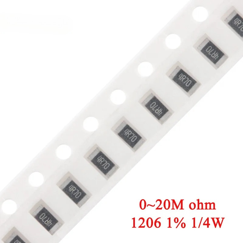 100pcs 1206 ตัวต้านทาน SMD 1% 1/4W 0.01R ~ 20M 0.01 0.3 0.47 0.91 1.5 5.1 9.1 10 30 56 68 100 820R 1