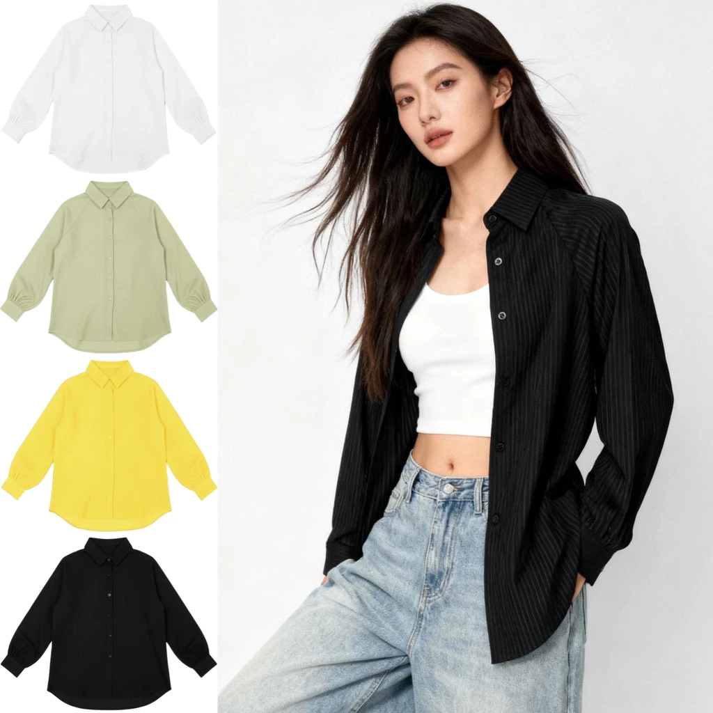 เสื้อเชิ้ตแขนยาว คอปก แต่งริ้วแนวเรียบง่าย ผ้าซาติน ใส่สบายมาก รุ่นหน้าสั้นหลังยาว เข้ากับทุกการแต่งตัว มีไซส์ S-5XL