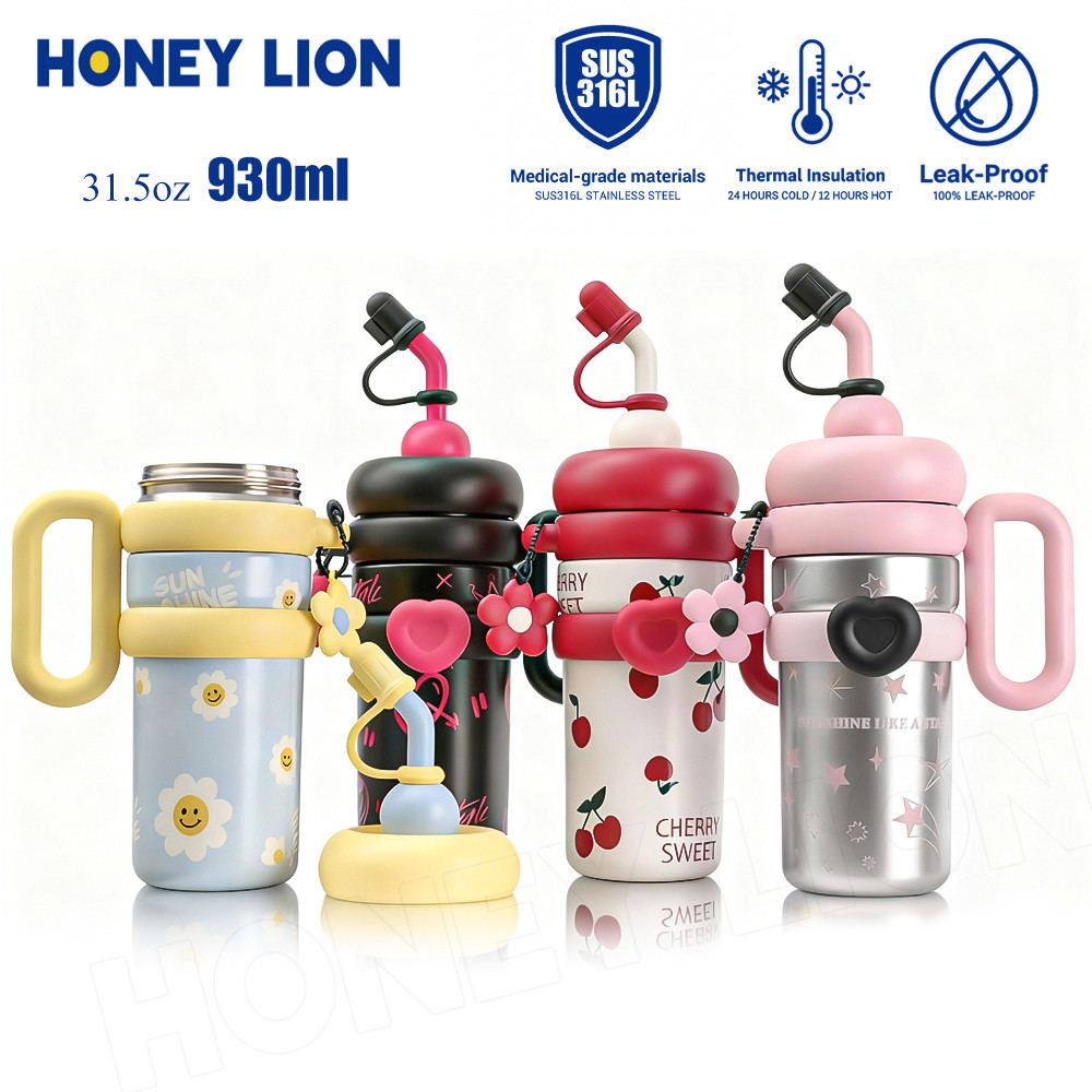 HoneyLion กระติกน้ำเครื่องดูดฝุ่น930ml สแตนเลส 316 เก็บน้ำแข็ง 24ชม. เก็บความร้อน 12ชม. - กันรั่ว ใช้เดินทาง เหมาะกับชาเย็นและกาแฟ