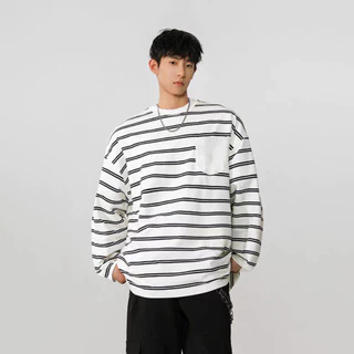 Chaistyle เสื้อแขนยาวลายทาง วินเทจ ชุดคู่รัก แนวสตรีท พิมพ์ลาย สันทนาการ