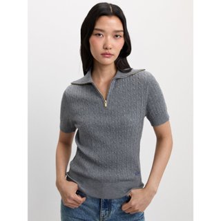 [Pomelo] เสื้อคอปกถักลายนูนแต่งซิป / Cable Knitted Zip Top