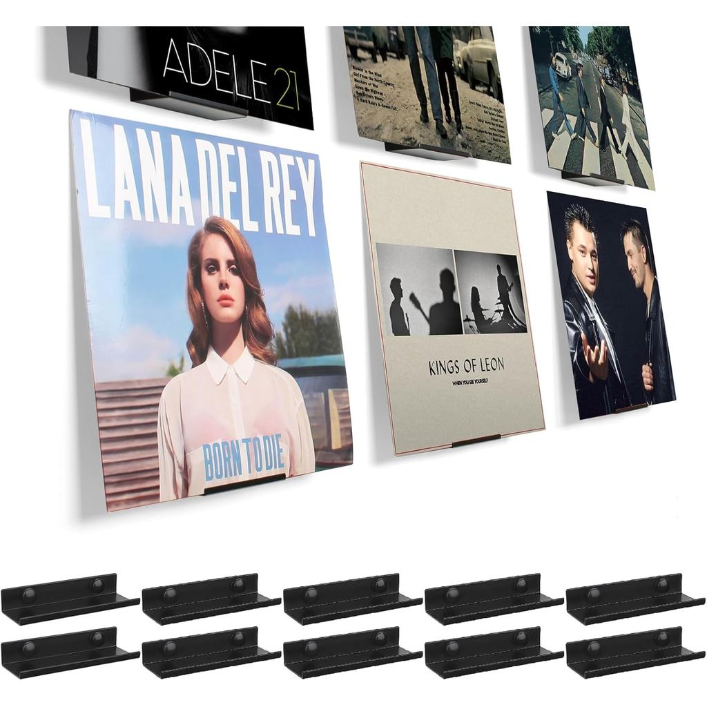 BiJun ไวนิล Wall Mount 10 แพ็ค,โลหะสีดําผู้ถือไวนิล Wall Display ชั้นวางบันทึก Wall Mount สําหรับอัล
