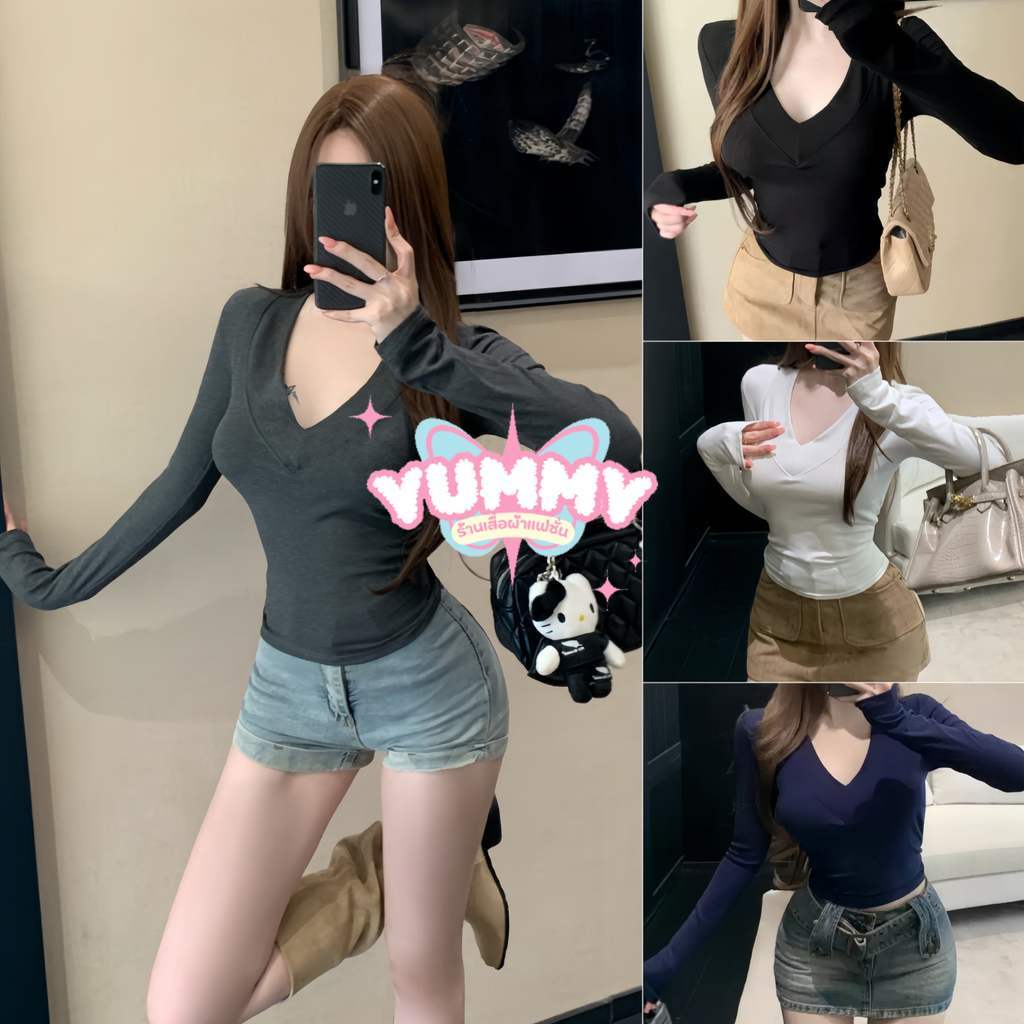 🎀Yummy Shop🎀㈩  เสื้อแขนยาวคอวี ดีเทลผ้าร่องยืดผ้านุ่มนิ่ม สีเข้ม เรียบง่ายและใช้งานได้หลากหลาย' FY8716
