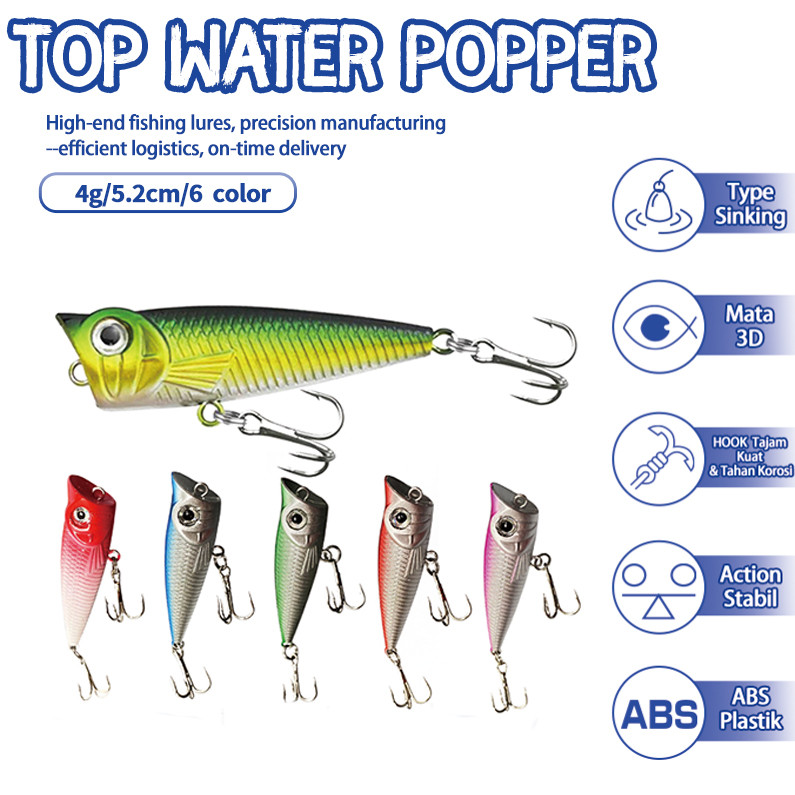 เหยื่อตกปลาป๊อบเปอร์ ขนาด 5.2 ซม. น้ำหนัก 4 กรัม สีสันสดใส สำหรับเทคนิคการตกปลาว่ายลอยตัว