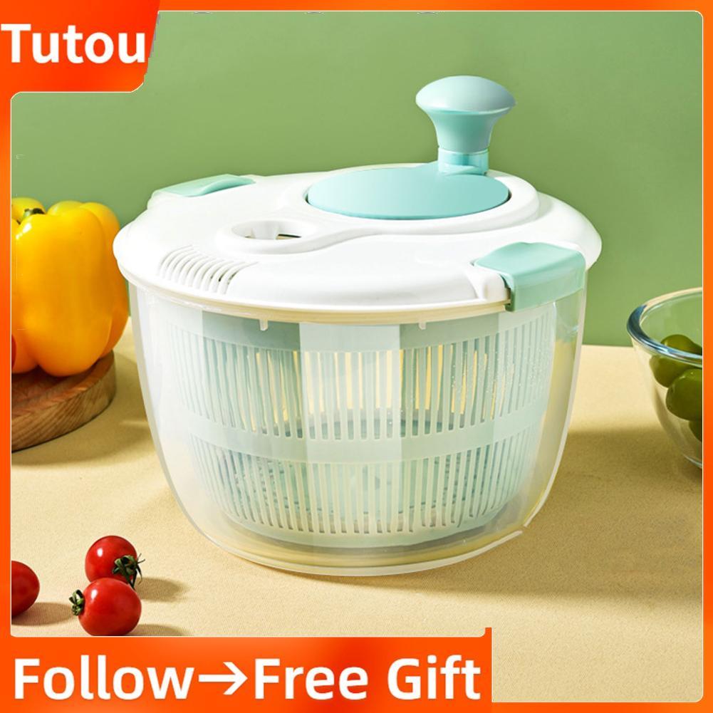 Tutoushop Tutoushop เครื่องปั่นสลัด 5L มัลติฟังก์ชั่นผักกาดหอมผักเครื่องเป่าพร้อมฝาปิดท่อระบายน้ำชาม Colander ที่ง่ายและรวดเร็วเครื่องมือครัวสำหรับล้างผักผลไม้ด้วยมือเดียว