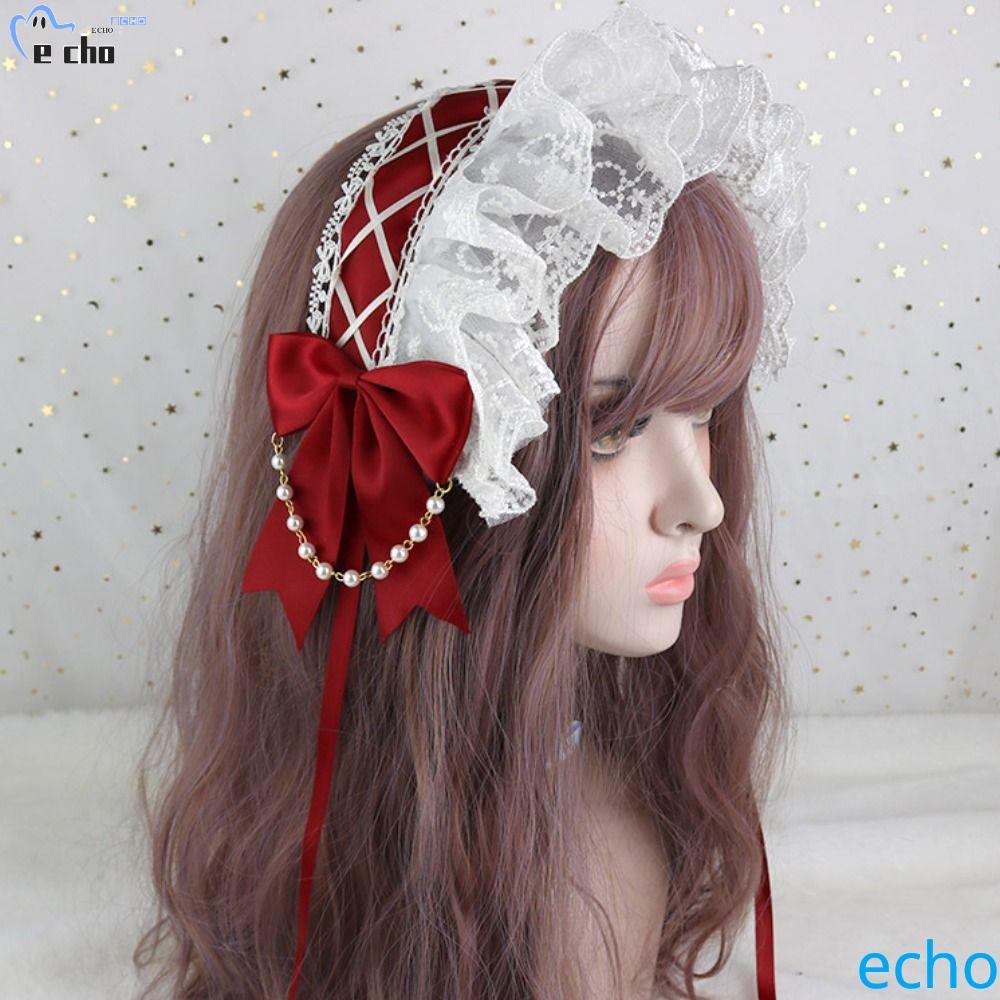 PIVOT Lolita ที่คาดผมแบบลูกไม้ ริบบิ้นโบว์น่ารัก พลัมพ์ระบาย Pearl JK Kawaii สำหรับแม่บ้านและคอสเพลย