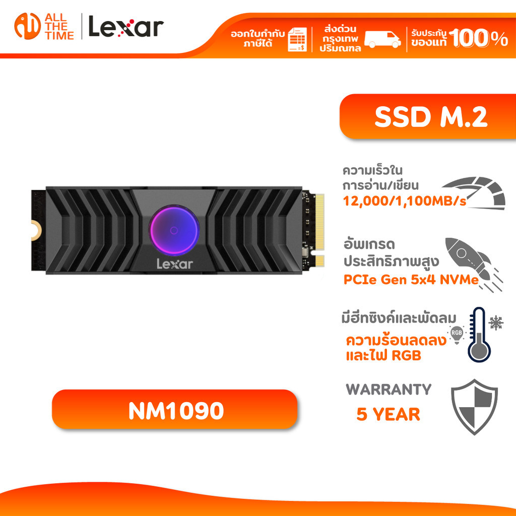 LEXAR 2TB NM1090 Internal SSD PCIe G5x4 with RGB Fan Heatsink LPAH300 (เอสเอสดี) R12000/W11000MB/s