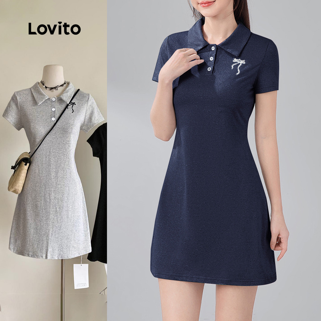 Lovito ชุดเดรสลําลอง ชุดเดรสโบว์สีพื้นสําหรับผู้หญิง LNM68129