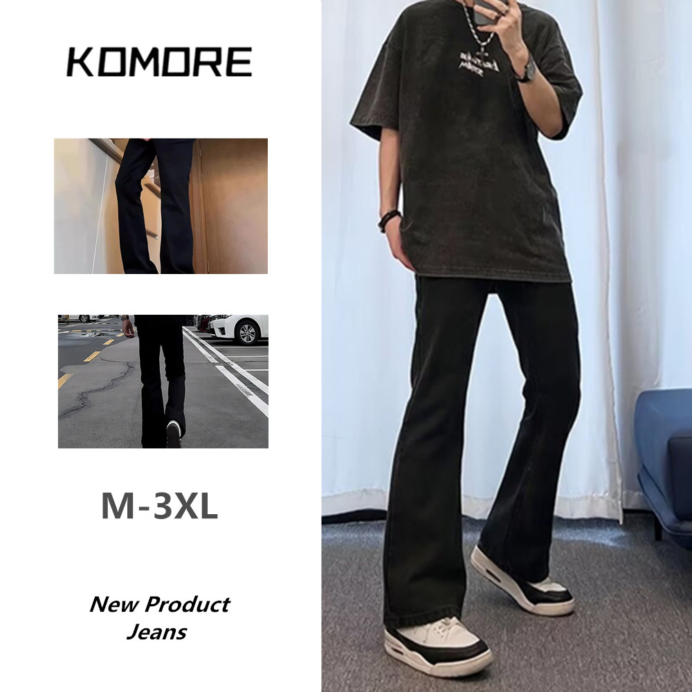 Komore กางเกงยีนส์ผู้ชาย กางเกงยีนส์ขากระบอกผ้ายืดทรงสกินนี่สําหรับผู้ชายสไตล์อเมริกันสีดํา M-3XL