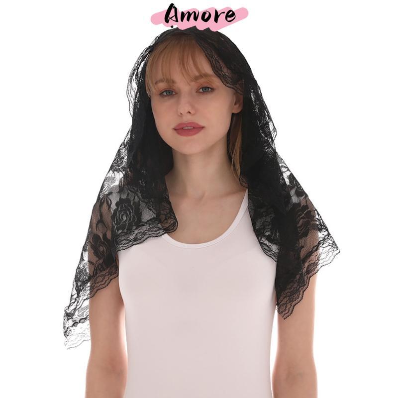 Amore Latin Mass Veil ผ้าคลุมไหล่ลูกไม้ Mandilla Veil ผ้าพันคอผ้าคลุมไหล่ดอกไม้และห่อสําหรับผู้หญิง