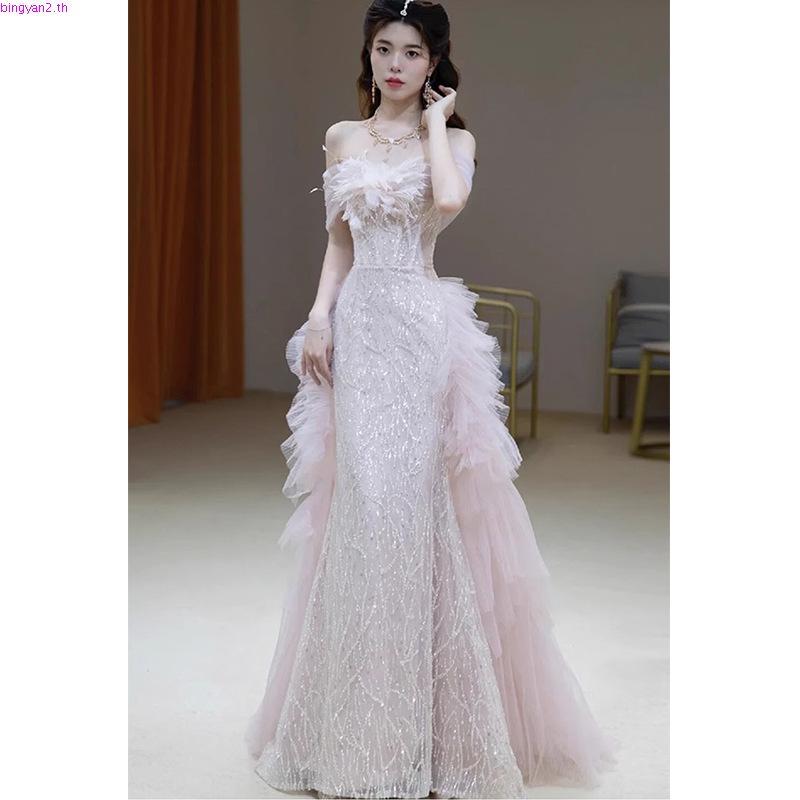 Pdd// [Shop Hot Sale] ชุดราตรี Toast Dress เจ้าสาวไหล่เดียวสีชมพูหมั้นชุดหญิง High-End หรูหรา Niche 