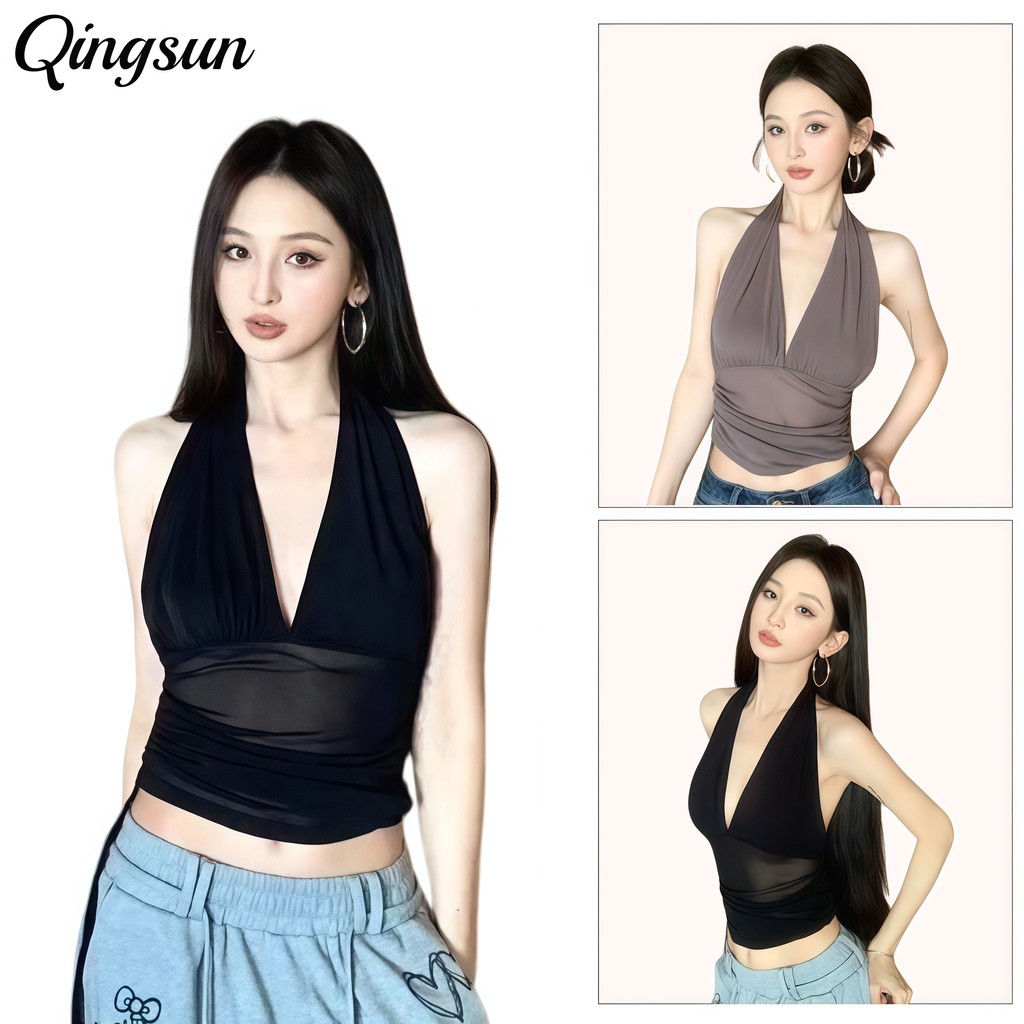 Qingsun เสื้อแขนกุด เสื้อยืด คอวี เซ็กซี่ เข้ารูป สไตล์เกาหลีa ราคา ถูกที่สุด ดีลบีเคเค
