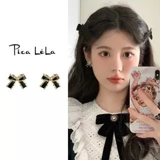ต่างหูโบว์ไข่มุก เพทายสีดำ สไตล์หรูและซับซ้อน
