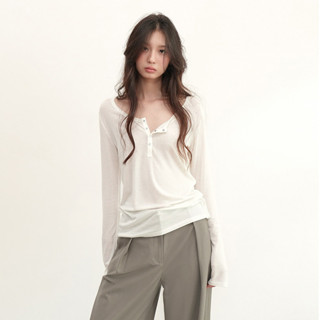 เสื้อยืดแขนยาวสีขาบรัดแน่นในสไตล์ฝรั่งเศส สำหรับผู้หญิง ทำจา…