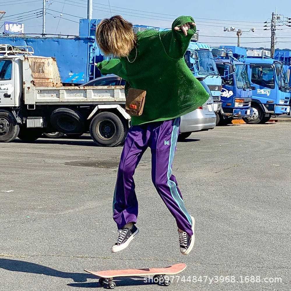 Needles Street Retro Webbing School Uniform Pants Unisex Straight Solid Color Casual Long Pants