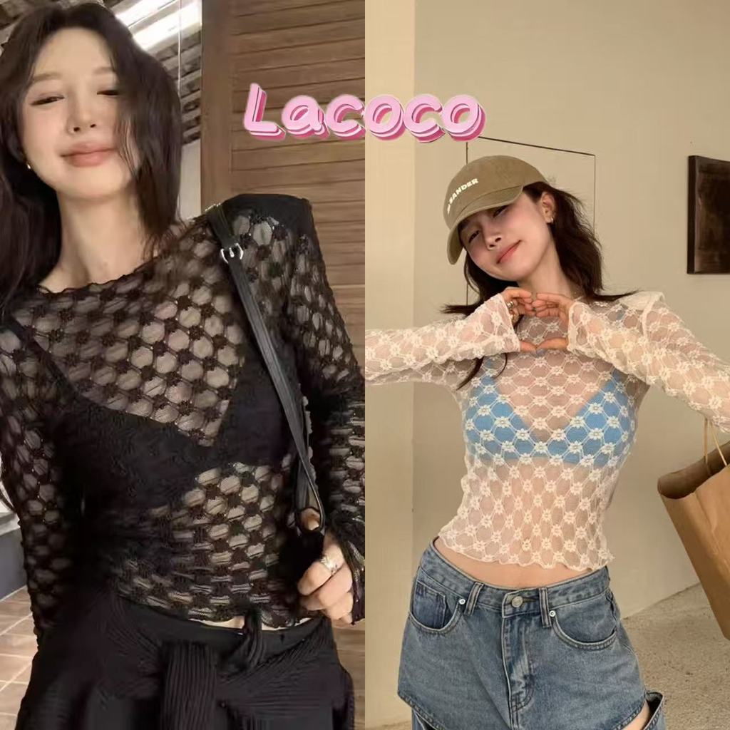 Lacoco🍓คลังสินค้าพร้อม🍓เสื้อยืดแขนยาวผ้าตาข่ายสไตล์สาวฮอตสำหรับผู้หญิง เสื้อคลุมกระชับสัดส่วนฤดูใบไม้ผลิ