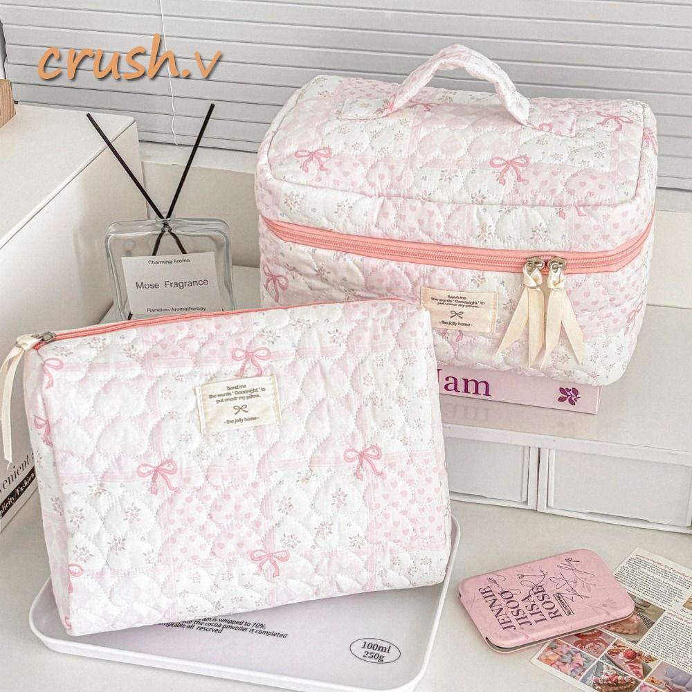 [CRUSH] Floral Cosmetic Pouch Tote, Large Capacity Pink Bowknot Womens Toiletry Bag, Fashion Zipper 