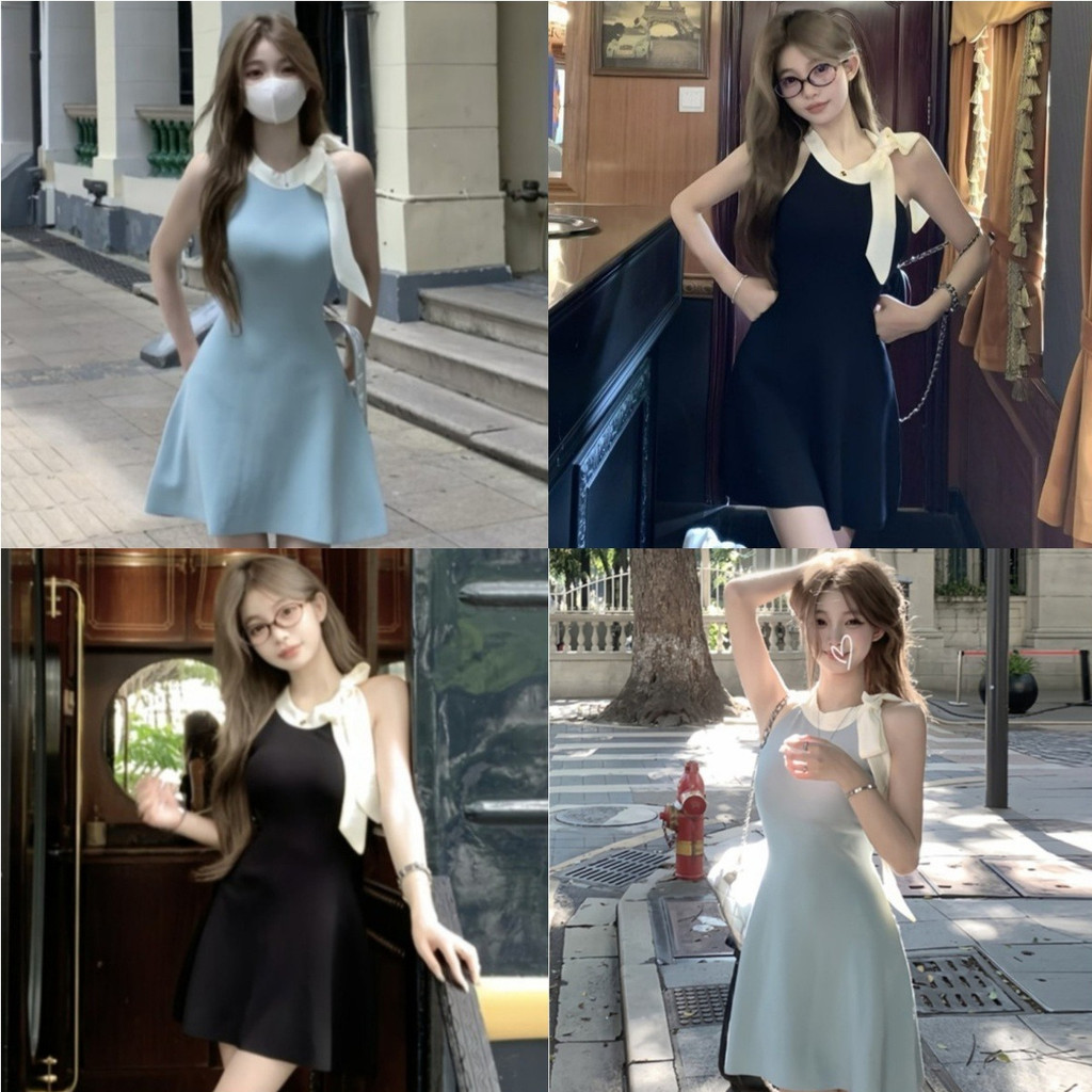 💜Moxie💜ชุดมินิเดรสไหมพรม ผูกคอ ดีเทลแต่งโบว์ สไตล์เกาหลี เดรสสั้น เรียบหรู สวย แฟชั่น ใส่เที่ยว