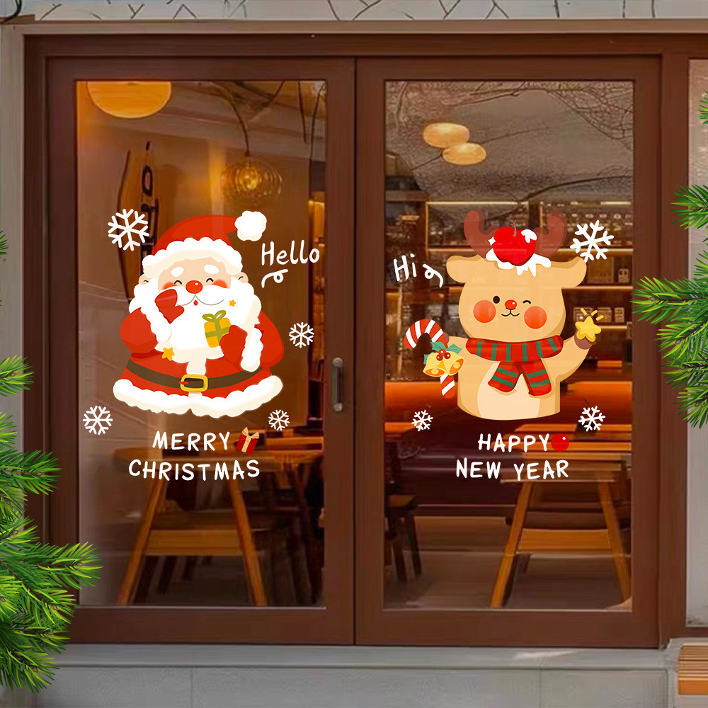 2026ปีใหม่คริสต์มาสตะแกรงหน้าต่างสติกเกอร์กระจกซานตาการ์ตูนสติ๊กเกอร์ยูวีหน้าต่างคงที่ตกแต่งสติกเกอร์ประตูคริสต์มาสคริสต์ม