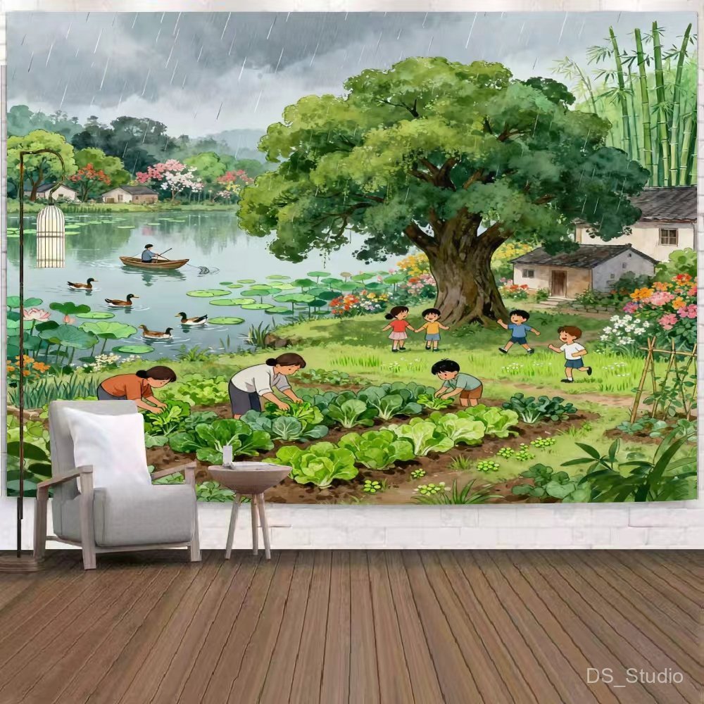 สินค้าพร้อมส่งจาก กทม. ผ้าแขวนผนังลายเกษตรกร ปลูกพืชผักสวนครัว ลายชาวนาปลูกข้าว ลายสมัยก่อน ตกแต่งผนังห้องแนวย้อนยุค ทำใ